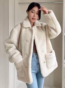 DAZY Áo khoác nữ Teddy hai túi cài hai hàng khuy, Quần áo nữ mùa thu - Màu be - Xem 5