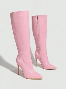 Giày bốt mũi nhọn cổ điển dành cho nữ mùa đông có khóa kéo, họa tiết đá ấm áp, bốt cao đến đầu gối, giày cao gót - Hồng - Xem 6