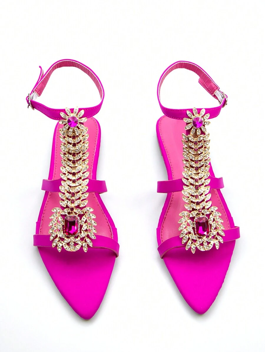 Sandalias planas de fiesta con punta puntiaguda, decoración de cadena con strass y hebilla, de licra, para mujer, elegantes, para San Valentín, primavera y verano - Rosa Fucsia - Ver 1