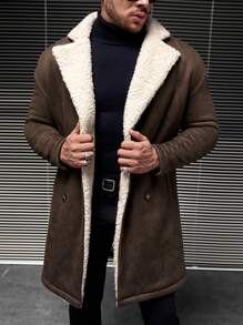 GENTILAND 1pc Loose Fit Men's Double Breasted Teddy Lined Coat - Chocolate Brown - View 4