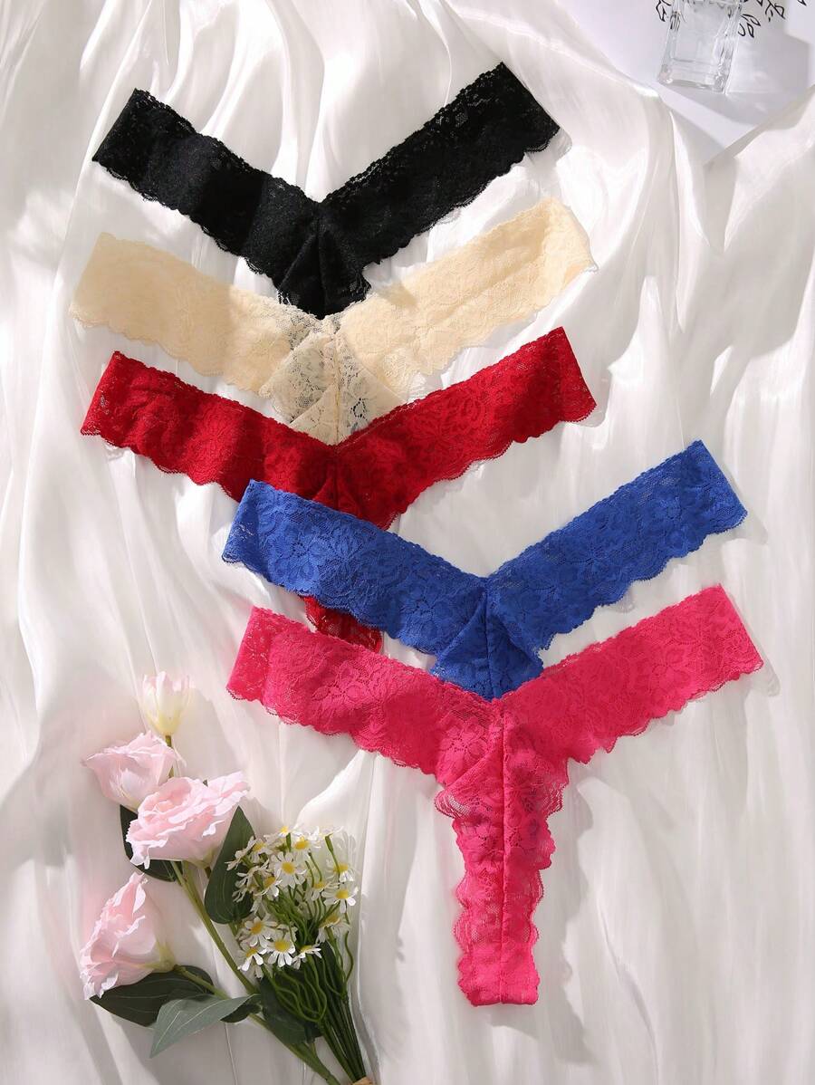5pack Floral Lace Scallop Trim Thong - Multicolor - View 1