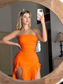 Sweetina 荷葉邊不對稱下擺抹胸洋裝 - 橘色 - 查看 3