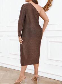 SHEIN BAE Plus One Shoulder Split Thigh Dress - Rust Brown - View 3