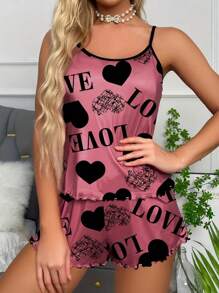 SHEIN Heart & Letter Graphic Contrast Binding Lettuce Trim PJ Set / Pajama Set - Hot Pink - View 3