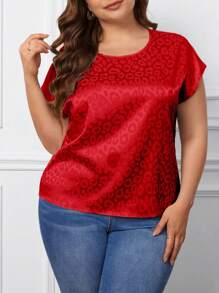 SHEIN Clasi 大碼豹紋提花蝙蝠袖襯衫 - 紅色 - 查看 4