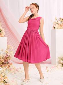SHEIN Teen Girl Ruched Asymmetrical Neck Dress - Hot Pink - View 6