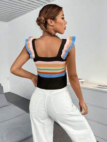 SHEIN Qutie 條紋圖案荷葉邊針織上衣 - 彩色 - 查看 2