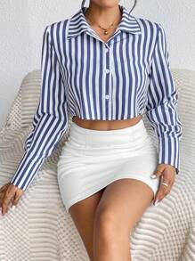 Chiquease In sọc Nút phía trước Mùa vụ Áo sơ mi - Màu xanh lam - Xem 3