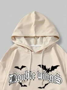 ROMWE MEN Guys Bat Letter Graphic Drawstring Hoodie & Sweatpants - Khaki - View 8