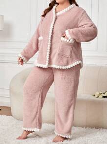 Plus Contrast Trim Flannel PJ Set - Dusty Pink - View 4