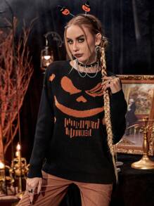 PUNK 万圣节图案落肩针织套头衫秋冬毛衣 - 黑色 - 查看 5