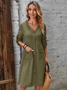 EMERY ROSE 捲邊袖前紐扣雙口袋洋裝 - 軍綠色 - 查看 5
