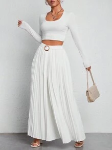 SHEIN PETITE 高腰腰帶百褶闊腿褲 - 白色 - 查看 5