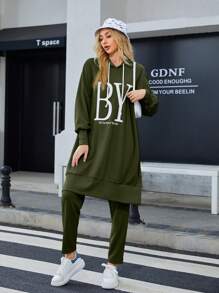 Mulvari Letter Graphic Drawstring Hoodie & Sweatpants Set - Army Green - View 4