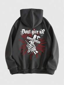 ROMWE MEN Goth Hombres Capucha esqueleto con estampado de mano y letra con forro térmico - Gris Oscuro - Ver 1