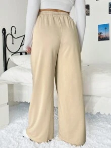 SHEIN EZwear 大碼素色闊腿衛褲 - 卡其色 - 查看 2