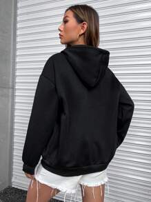 StreetHx Star & Slogan Graphic Zip Up Drop Shoulder Drawstring Hoodie,Long Sleeve Tops - Black - View 2