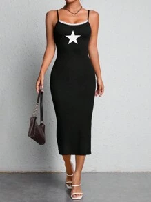 SHEIN PETITE Star Print Contrast Lace Cami Dress - Black - View 1