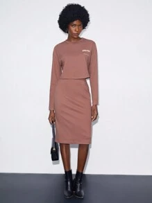 BizChic 字母圖案落肩T恤&半身裙 - 咖啡棕 - 查看 8