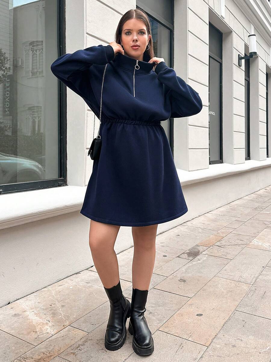 RueChic Plus Half Zip Drop Shoulder Dress - Navy Blue - View 1