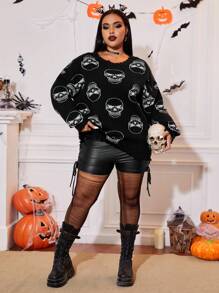SHEIN EZwear Plus Skull Pattern Drop Shoulder Distressed Sweater