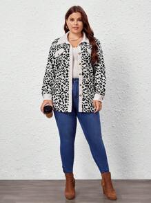 SHEIN LUNE Plus Leopard Print Drop Shoulder Flap Detail Jacket - White - View 5