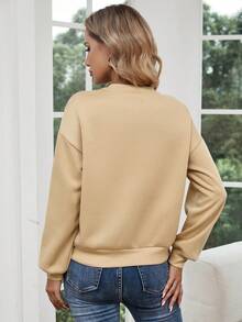 SHEIN LUNE 半排扣落肩袖運動衫 - 卡其色 - 查看 2