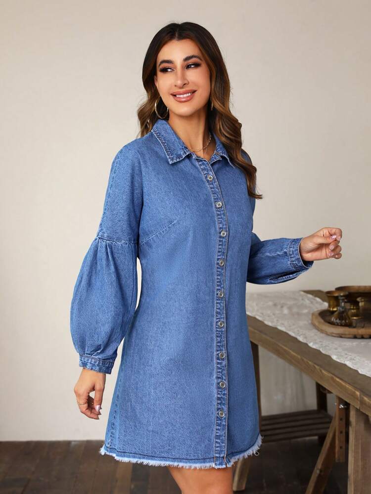Drop Shoulder Raw Cut Denim Dress
