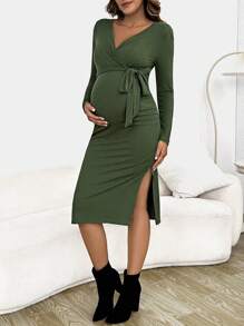 SHEIN Maternity Surplice Neck Knot Side Split Thigh Dress - Green - View 3