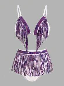 Sequin Fringe Trim Lingerie Set - Purple - View 1