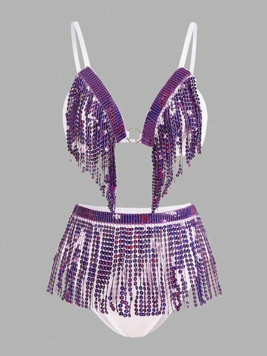 Sequin Fringe Trim Lingerie Set - Purple - View 1