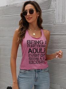SHEIN LUNE Slogan Graphic Racer Back Tank Top BEING A FUNCTIONAL ADULT EVERY DAY SEEMS A BIT EXCESSIVE - Dusty Pink - View 5