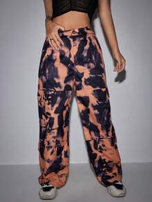 SHEIN Unity Tie Dye Flap Pocket Side Cargo Pants - Burnt Orange - View 3