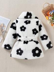 SHEIN Young Girl 1pc Floral Pattern Belted Teddy Coat - Black and White - View 2