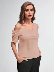 BizChic Pearls Beaded Asymmetrical Neck Blouse - Dusty Pink - View 5