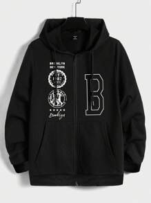 Manfinity Homme Men Letter Graphic Zip Up Drawstring Hoodie - Black - View 4