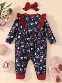 Bebé Jumpsuit con estampado floral ribete con fruncido con lazo delantero con diadema - Multicolor - Ver 2