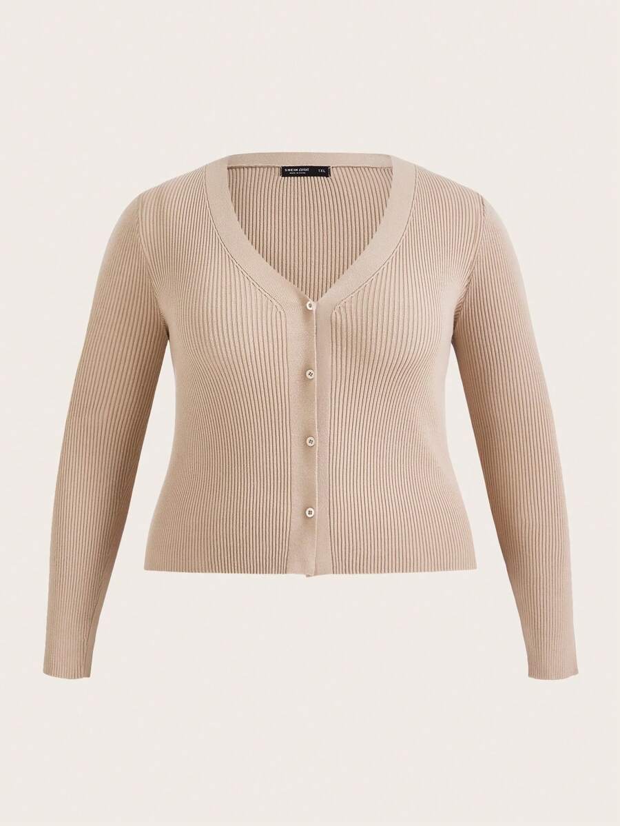 SHEIN BASICS 大碼前紐扣條紋針織開襟衫 - 卡其色 - 查看 1