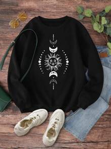 SHEIN Essnce 日月圖案加絨內裏運動衫 - 黑色 - 查看 1