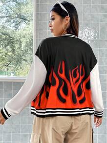 Flirla Plus Fire Print Striped Trim Drop Shoulder Varsity Jacket - Multicolor - View 2