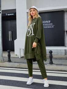Mulvari Letter Graphic Drawstring Hoodie & Sweatpants Set - Army Green - View 5