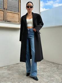 DAZY Lapel Neck Double Button Longline Blazer, Fall Women Clothes Business Attire - Black - View 3