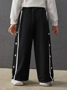 SHEIN Chàng trai trẻ Băng tương phản Bên cạnh nút quần ống rộng Quần thể thao - màu đen - Xem 2