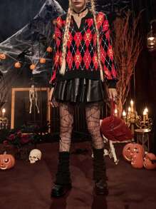 PUNK Suéter de punto con caída de hombros y estampado de argyle para otoño e invierno - Multicolor - Ver 5