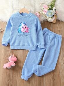 Chica Joven Conjunto de pijama con unicornio & con bordado de letra - Azul - Ver 1