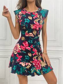 SHEIN VCAY 印花荷葉邊洋裝 - 藍色 - 查看 3