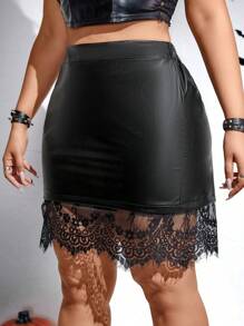 Celure 大碼蕾絲拼接亮面包臀半身裙 - 黑色 - 查看 4