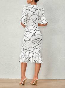 SHEIN Privé Đầm Viên lá sen Xù Hình học Tất cả trên in Thanh lịch - trắng - Xem 2