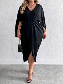 Celure Hơn Chất rắn tay cánh Váy Wrap Hem - màu đen - Xem 3