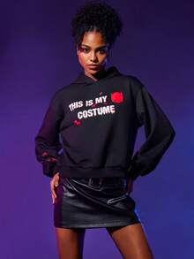 BATMAN X SHEIN Slogan Graphic Drop Shoulder Hoodie - Black - View 5